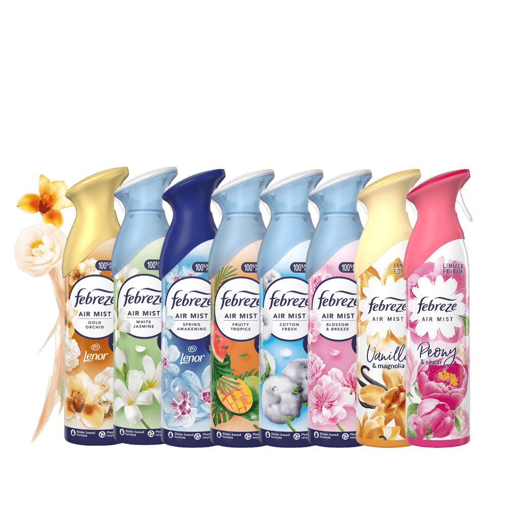 Febreze Air Mist Air Freshener ASSORTED PACK OF 8 - WHITE JASMINE, BLOSSOM & BREEZE, COTTON FRESH, GOLD ORCHID, FRUITY TROPICS, SPRING AWAKENING, VANILLA MAGNOLIA, PEONY & CEDAR