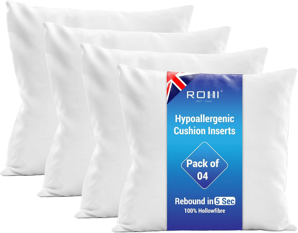Rohi Set of 4 Hypoallergenic Cushion Pads 45Cm X 45Cm - White Polyster Square Cushions - Standard Stuffer Pack of Cushion Inserts 45Cm X 45Cm (Pack of 4 | 18