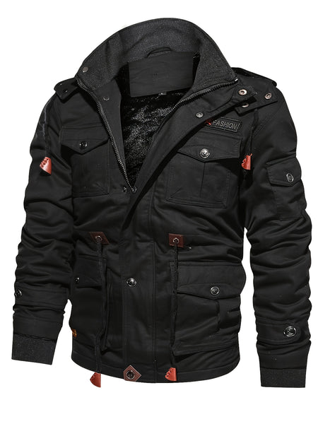 2025 New Winter Casual Multi-Pocket Workwear Hooded Men's Jacket with Lining, Mid-Length with Detachable Hood
