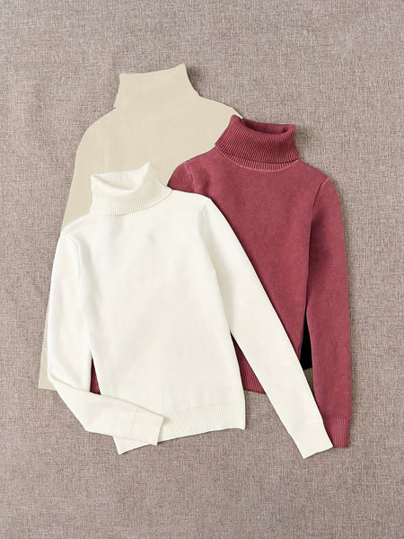 3pcs Set, Women's High-Neck Fashion Sweater, -Lined and Thickened, Women's Apparel, Autumn/Winter Base Layer Sweater, High-Neck Thickened Sweater for a Perfect Fit, Warm Base Layer Long-Sleeve Sweater, New Autumn/Winter Design