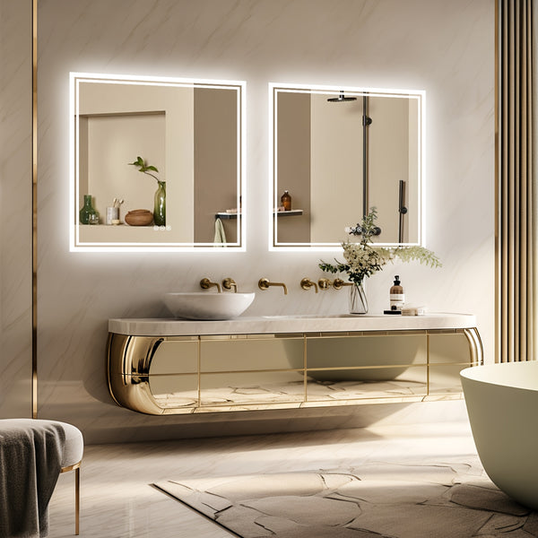 Square LED Bathroom Mirror Measuring 800X800Mm, Featuring Illuminated Backlighting, Wall Mounting, an Anti-Fog Demister, a Smart Touch Button, And Dimmable Settings for Makeup Application