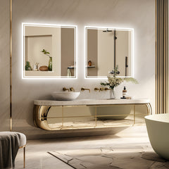Square LED Bathroom Mirror Measuring 800X800Mm, Featuring Illuminated Backlighting, Wall Mounting, an Anti-Fog Demister, a Smart Touch Button, And Dimmable Settings for Makeup Application