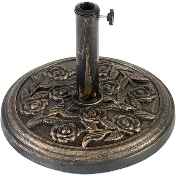 9KG Cast Iron Effect Garden Parasol Base with Floral Rose Design – Heavy Duty, Weather-Resistant & Easy to Assemble for Outdoor Umbrella and Canopy
