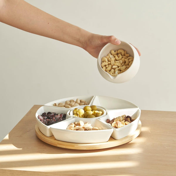 Christmas Divided tray as condiment bowl & snack platter, white buffet set for parties Rotating Snack Tray with 6 Removable Bowls Ceramic Divided Rotating Ceramic Serving Platter with Cover, Lazy Susan Storage Box for Taco Toppings, Snacks, Dip Sauces, Ki