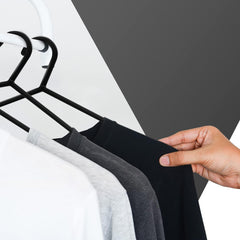 KEPLIN Adult Plastic Coat Hangers - 25Pk, Black Colour, Strong Clothes Hangers for Clothes Rail & Closet, Clothing Hanger with Suit Pants Trouser Bar and Clips, Space Saving, 37.5 Cm Wide