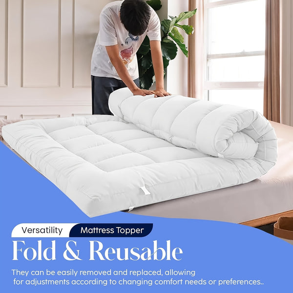 1pc Hotel Quality Mattress Topper 10cm/ 4 Inch Extra Thick Plush Support & Breathable, Fits All Mattress Sizes (Single Double King Super) - White