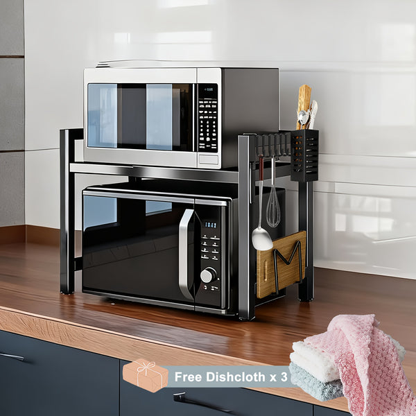 3-Tier Expandable Microwave Oven Rack with 6 Hooks And 3 Towel Racks, Includes a Chopstick Holder, Cutting Board Holder, Spice Rack, And Kitchen Storage Rack. Suitable for Kitchens, Offices, And Storage Rooms. Extends 40-64 Cm (Black, White)
