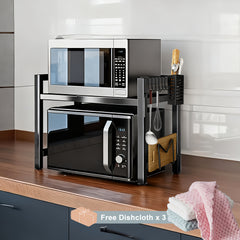 3-Tier Expandable Microwave Oven Rack with 6 Hooks And 3 Towel Racks, Includes a Chopstick Holder, Cutting Board Holder, Spice Rack, And Kitchen Storage Rack. Suitable for Kitchens, Offices, And Storage Rooms. Extends 40-64 Cm (Black, White)