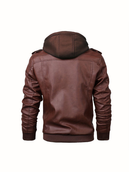 2907 Cross-Border New Double-Zipper Hooded Faux Leather Jacket Men'S Casual Fashion Motorcycle Jacket Men'S Korean Version Trendy Solid Color Coat Men