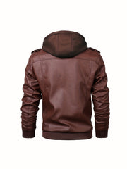 2907 Cross-Border New Double-Zipper Hooded Faux Leather Jacket Men'S Casual Fashion Motorcycle Jacket Men'S Korean Version Trendy Solid Color Coat Men