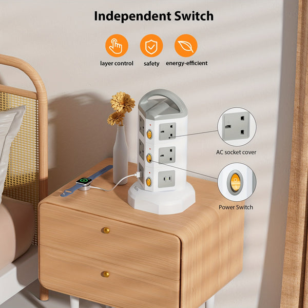 SooPii 10-Outlet Power Tower with 4 USB, Multi Plug Power Extension Strip with 10AC Outlets, 2 USB & 2 USB-C Ports, Surge Protector, 2m Extension Cable, 4000W/16A Extension Power Cord for Home Office, White, Christmas Gifts, Gifts.