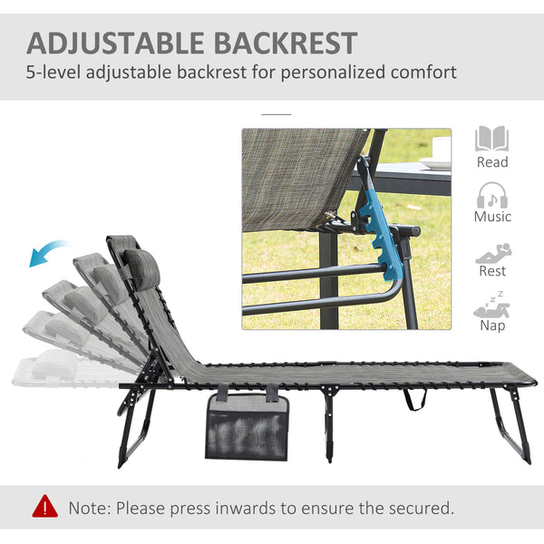 Portable Sun Lounger, Folding Camping Bed with Side Pocket and Pillow for Patio