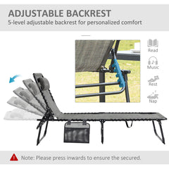 Portable Sun Lounger, Folding Camping Bed with Side Pocket and Pillow for Patio