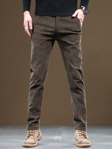 Autumn/Winter Men's Warm Casual Pants, Business Casual Slim-Fit Chenille Trousers, Solid Color