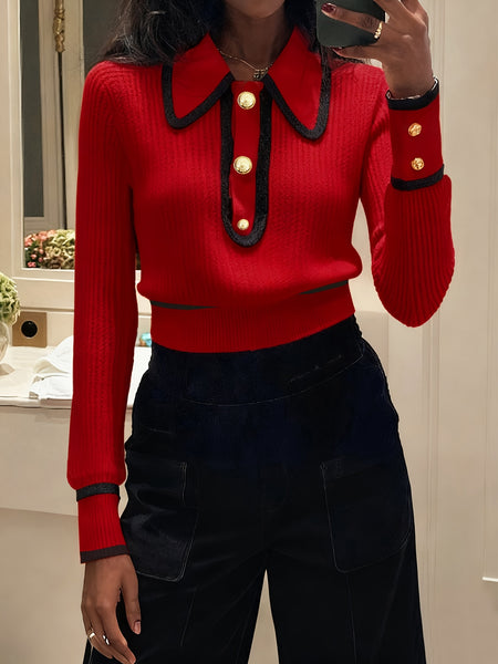 Women's Pullover Sweater for Autumn/Winter, Can Be Worn as an Inner or Outer Layer, Comfortable, Warm, Elegant, and Features a Spicy Design with a Spliced Lapel and Exquisite Metal Buttons. Suitable for Commuting, Dates, and Valentine's Day