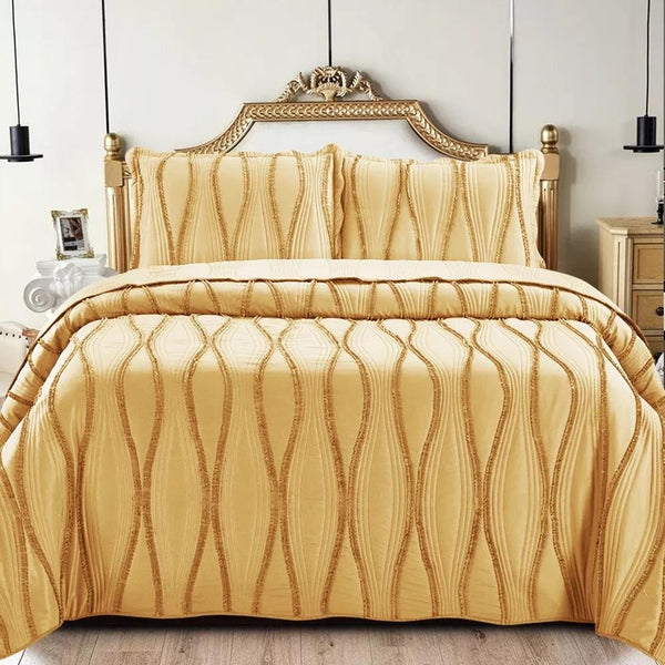 Luxury 3-Piece Embossed Quilted Bedspread Set – Super Soft All-Season Microfiber Comforter with Matching Pillow Shams, Elegant Wave Design, Bed Throw Single Double King Size, Lightweight Yet Warm Modern Bedding Set, Ideal for Modern or Traditional Homes