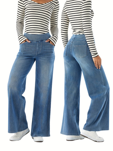 Women'S High-Waist Stretch Denim Wide-Leg Pants with Multiple Pockets, Distressed Vintage Casual Denim Long Pants