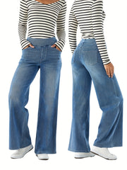 Women'S High-Waist Stretch Denim Wide-Leg Pants with Multiple Pockets, Distressed Vintage Casual Denim Long Pants