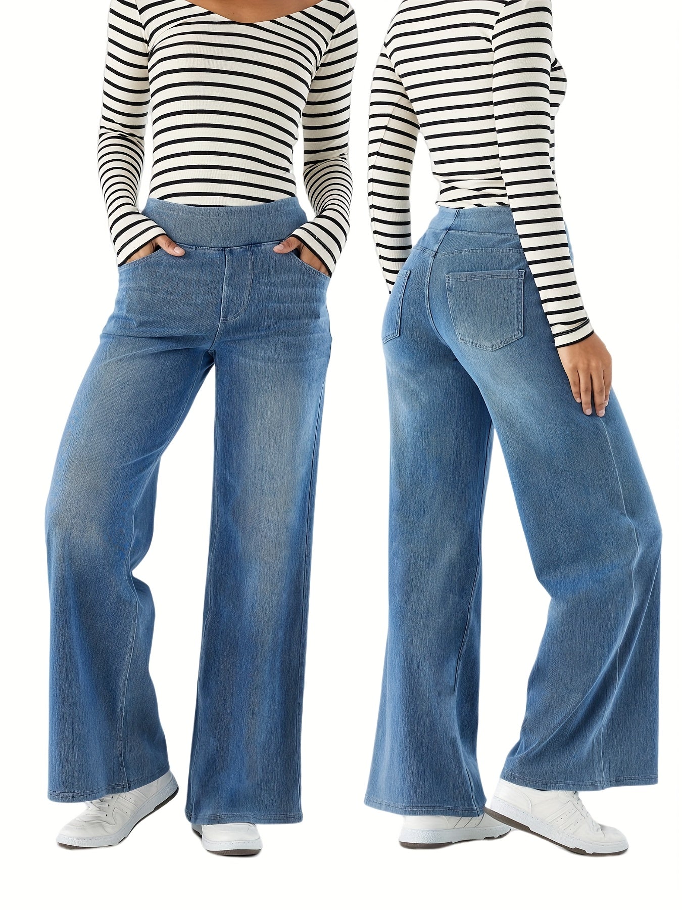 Women'S High-Waist Stretch Denim Wide-Leg Pants with Multiple Pockets, Distressed Vintage Casual Denim Long Pants