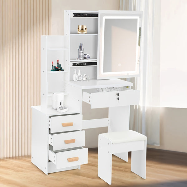 Modern Dressing Table with LED Lights, Vanity Desk with Mirror/4 Drawers/Cushioned Stool, Makeup Bedroom Dressing Table with Open Shelves for Home Bedroom