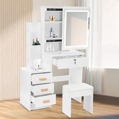 Modern Dressing Table with LED Lights, Vanity Desk with Mirror/4 Drawers/Cushioned Stool, Makeup Bedroom Dressing Table with Open Shelves for Home Bedroom