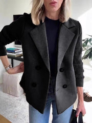 A Stylish And Sophisticated Patchwork Coat for Women, Designed with a Lapel Collar And Double-Breasted Closure, Featuring a Ribbed Texture. Perfect for Casual Autumn And Winter Outfits, Office Environments, And Social Events