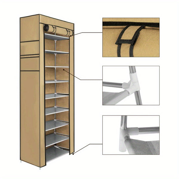 10 Tier Shoes Rack with Dustproof Cover, Shoe Storage Cabinet, Shoe Organizer, Easy to Assemble, Hold up to 25-30 Pairs