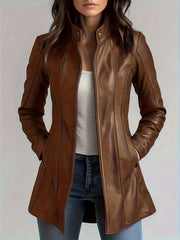 Chic Women'S Jacket, Slim Fit Retro Motorcycle Style, Wind-Resistant for Spring, Fall, And Winter, Features Pockets And Zipper, Turtleneck Sweater, Available Worldwide, Casual Mid-Length Women'S Outerwear, Mid-Length Windbreaker, CHIDU