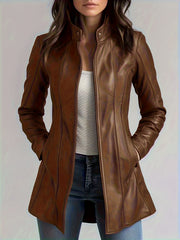 CHIDU Women's Leather Jacket, PU Slim-fit Retro Motorcycle Women's Jacket, Windproof Women's Jacket, Suitable for Spring, Autumn And Winter Jackets, Pockets, Zipper, Turtleneck, Global ALL, Mid-length Casual Women's Jacket
