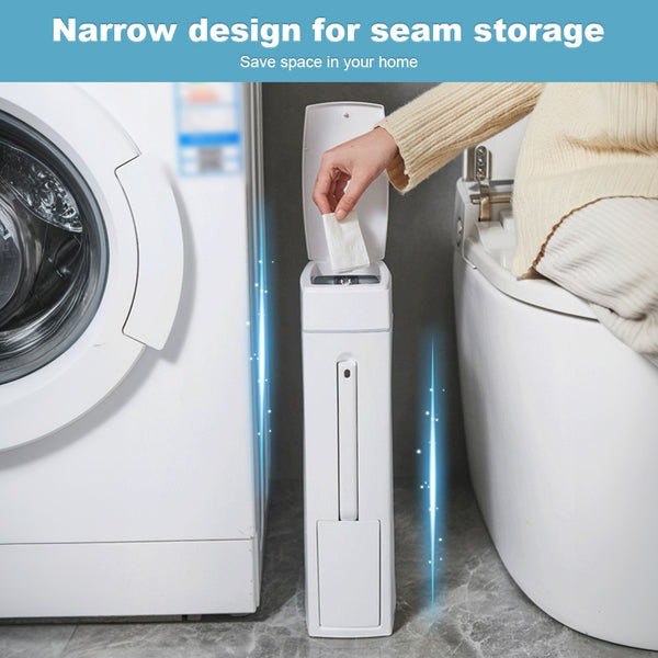 Slim Trash Can with Brush | Large Capacity Narrow Space Garbage Bin, Bathroom Waste Basket with Lid, Creative Home Cleaning Supplies, Plastic, Odor Sealing, No Electricity Needed