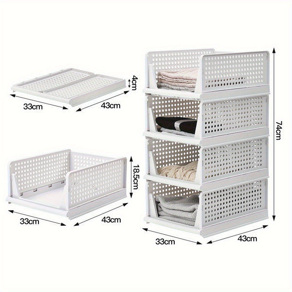 4 Pack Stackable Folding Clothing Storage Basket Drawers Wardrobe Closet Organizer Plastic Clothes Partition Shelf Stackable Hamper Bathroom, Bedroom, Office
