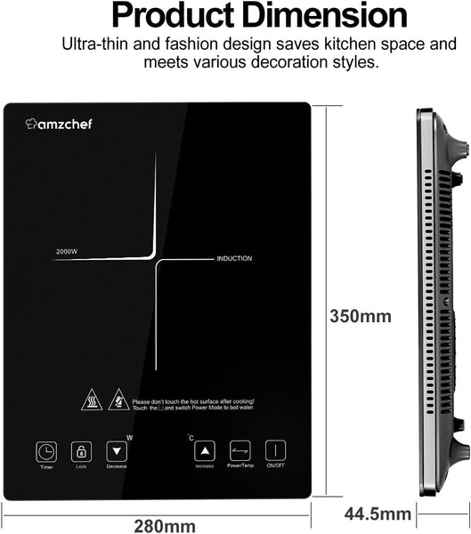 AMZCHEF Single Induction Cooker, Ultra-Thin Induction Hob with Fashion Look, 10-Level Power and Temperature Control, Black Frosted Glass Panel, Touch Sensor, 3-Hour Timer, Safety Lock