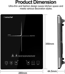 AMZCHEF Single Induction Cooker, Ultra-Thin Induction Hob with Fashion Look, 10-Level Power and Temperature Control, Black Frosted Glass Panel, Touch Sensor, 3-Hour Timer, Safety Lock