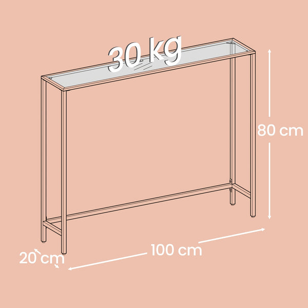 Modern Retro Glass Console Table with Golden Frame & Tempered Glass Top - Sturdy Sofa Table for Living Room, Hallway, Entryway - Space-Saving Narrow Design, Easy Assembly, Low-Maintenance Surface, Compact Accent Table for Small Spaces, Apartments, Apartme