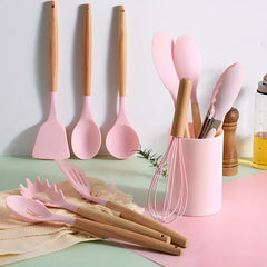 23pcs Silicone Kitchenware And Kitchen Knife Set | Heat Resistant Silicone Cutlery with Wooden Handle | Chef Knife | Non-Stick Friendly Tool | Easy to Cook And Clean | Convenient to Carry | Suitable for School, Home, Outdoor Use | Mother'S Day