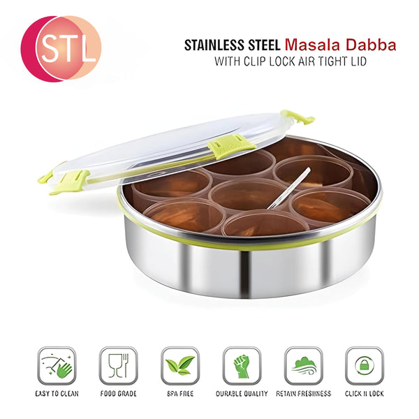 Masala Dabba (Spice Box) | Authentic Indian Style Stainless Steel Masala Dabba | with 7 Removable Compartments & 2 Spoons | See through Lid |