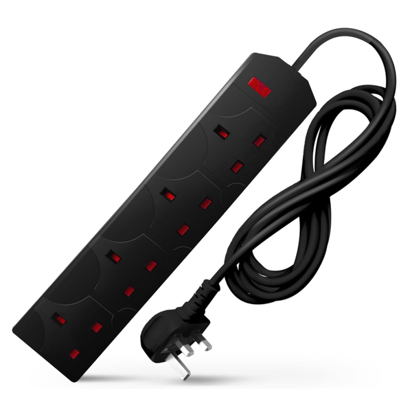 DESIRETECH Black Electric Extension Lead - 4 Gang with UK Plug & 3 Pin Socket - Wall Mountable & Multi Socket Mains Strip for Home, Bedroom, Kitchen, & Office (1 Pack)