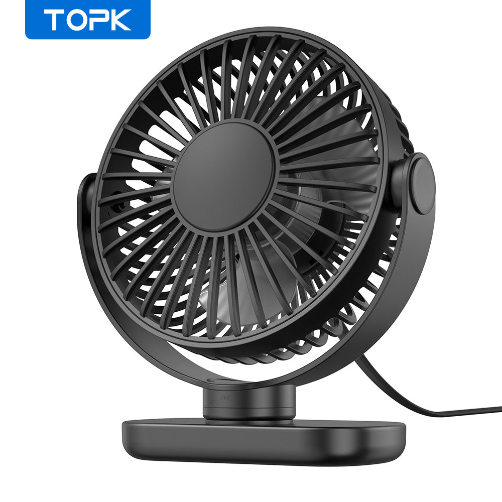 TOPK Mini USB Desk Fan, 3-Speed Adjustable Airflow, Low Noise Quiet Operation, 360° Flexible Rotation, Compact Portable Design for Home, Office & Bedroom