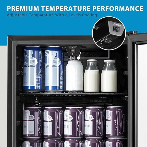Midea COMFEE' Under Counter Drinks Fridge - 93L Capacity, Holds Up To 115 Cans, Precision Cooling (2℃ To 15℃), Full-Length Low-E Glass Door, Removable Shelves, LED Light, Low Noise [Energy Class E] - Essential for Home Kitchens & Dorms