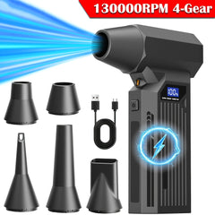 5In1 Compressed Air Dust Collector, High Power Garden Leaf Blower Iolent Fan, Wireless 130000 Rpm, 4Gear, Rechargeable Air Blower, High Speed Powerful Turbo Fan, Handheld Outdoor Hair Dryer, Snow Blower, Suitable for Yard, Keyboard, Christmas Gift