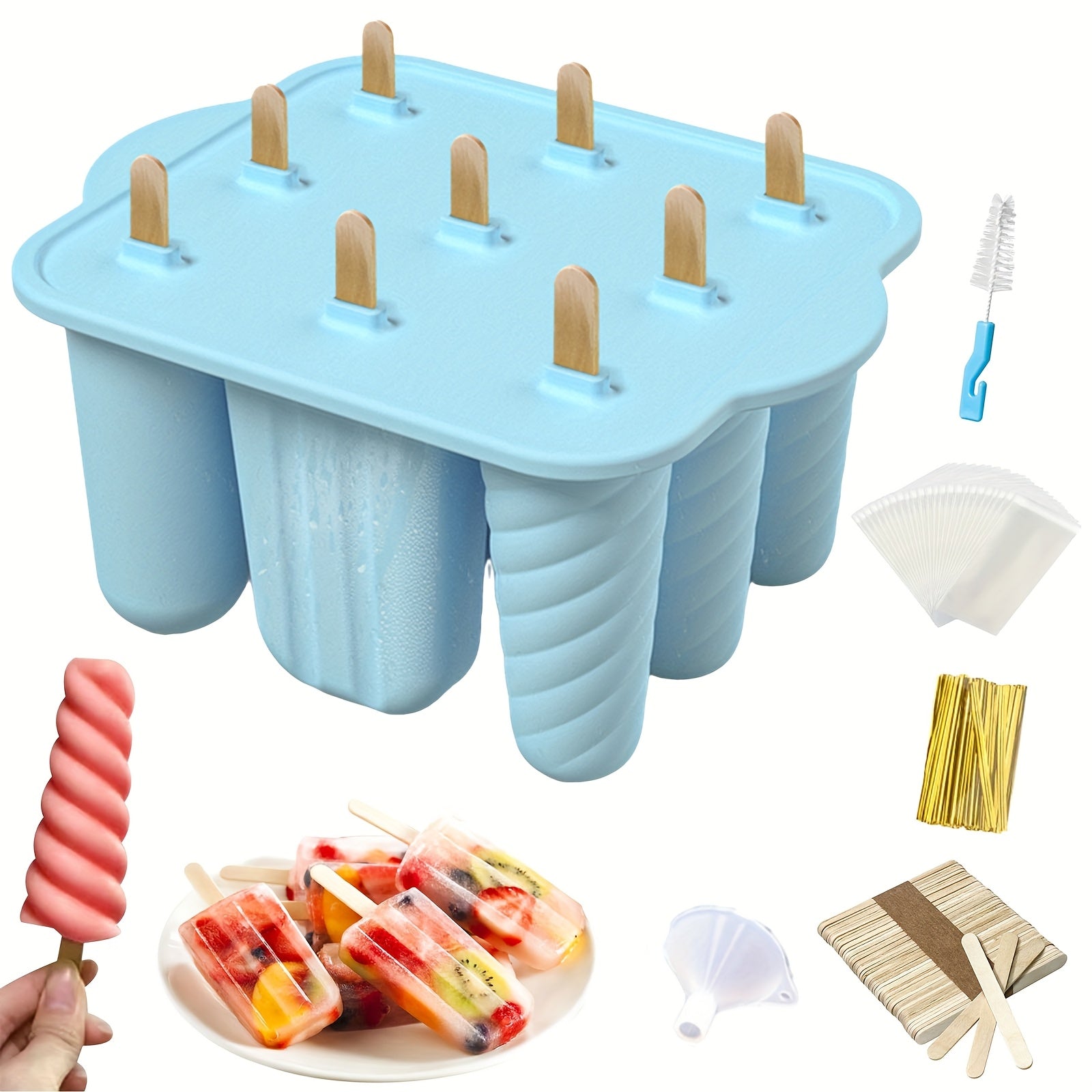 Ice Lolly Moulds, Silicone Popsicle Molds, 9 Cavities Ice Cream Moulds With 50 Sticks, 50 Bags, 50 Tie Wraps, Brush And Funnel