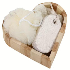 Boxed Heart-Shaped Bath Set - A wooden spa gift kit for bathrooms, featuring a heart-shaped wooden bucket. Includes a loofah, pumice stone, massager, and brush. This natural relaxation and body care kit is ideal for home use and bathroom decoration.