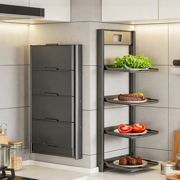 4-Tier Foldable Wall-Mounted Kitchen Prep Station & Space-Saving Shelf - Heavy-Duty Carbon Floating Shelves with Suction Cup Mount Suitable for Home & Restaurant Use, Foldable Organizer for Spice Rack, Dish Drying & Vegetable Prep