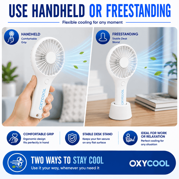 UK LOCAL SELLER - Portable Handheld & Desktop Fan – Battery & USB Powered Personal Cooling Fan with 2 Speed Settings, Detachable Stand, Quiet Motor & Compact Travel Design for Home, Office, Outdoor & Travel Use | Sent and Fulfilled from UK Warehouse and D