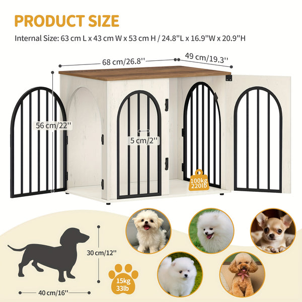 Dog Crate Furniture, 68cm Wooden Dog Crate, Indoor Kennel for Small Dogs, End Side Table Animal Crates, Anti-Chew, Anti-Escape, Arched Door Design, White Brown