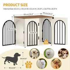Dog Crate Furniture, 68cm Wooden Dog Crate, Indoor Kennel for Small Dogs, End Side Table Animal Crates, Anti-Chew, Anti-Escape, Arched Door Design, White Brown