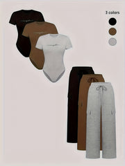 New Spring And Summer Collection of 6pcs Set for Women Featuring Casual, Elegant, And Business Styles. Includes Fitted Solid Color And Printed Short-Sleeve Bodysuits