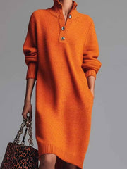 Solid Color Button- Collar Loose-Fit Dress - Straight Tube Mid-Length Dress Suitable for Office, Semi-Formal & Casual Attire - Machine Washable Dress