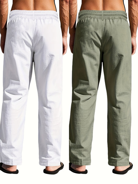 2pcs Men'S Linen Solid Color British Business Casual Straight Leg Pants with Drawstring Elastic Waistband And Button Design Casual Long Trousers Suitable for Outdoor Travel Fitness Exercise And Daily Wear Casual Outdoor Pants Linen Long Pants Lightw