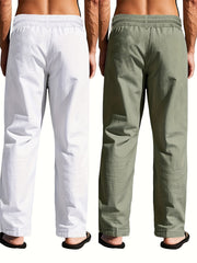 2pcs Men'S Linen Solid Color British Business Casual Straight Leg Pants with Drawstring Elastic Waistband And Button Design Casual Long Trousers Suitable for Outdoor Travel Fitness Exercise And Daily Wear Casual Outdoor Pants Linen Long Pants Lightw